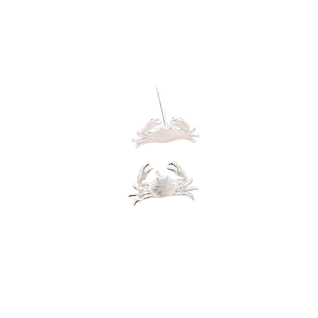 A pair of silver-toned Maryland Blue Crab stud earrings, shown against a plain white background.