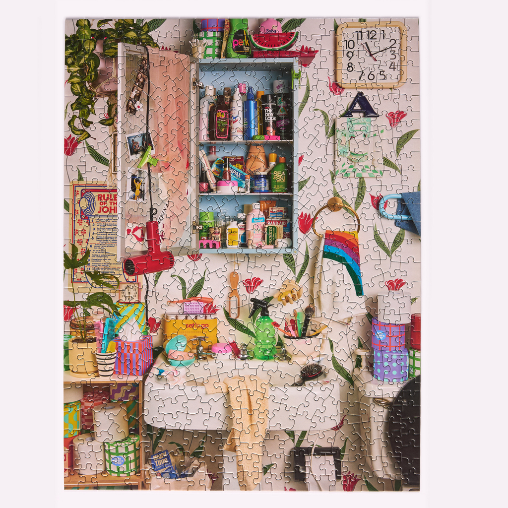 Jigsaw puzzle with a colorful bathroom design with shelves and decor