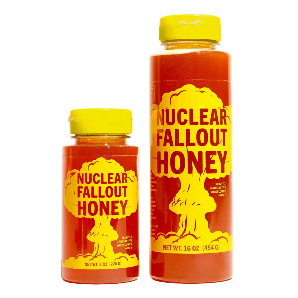 Two bottles of 'Nuclear Fallout Honey' on a white background