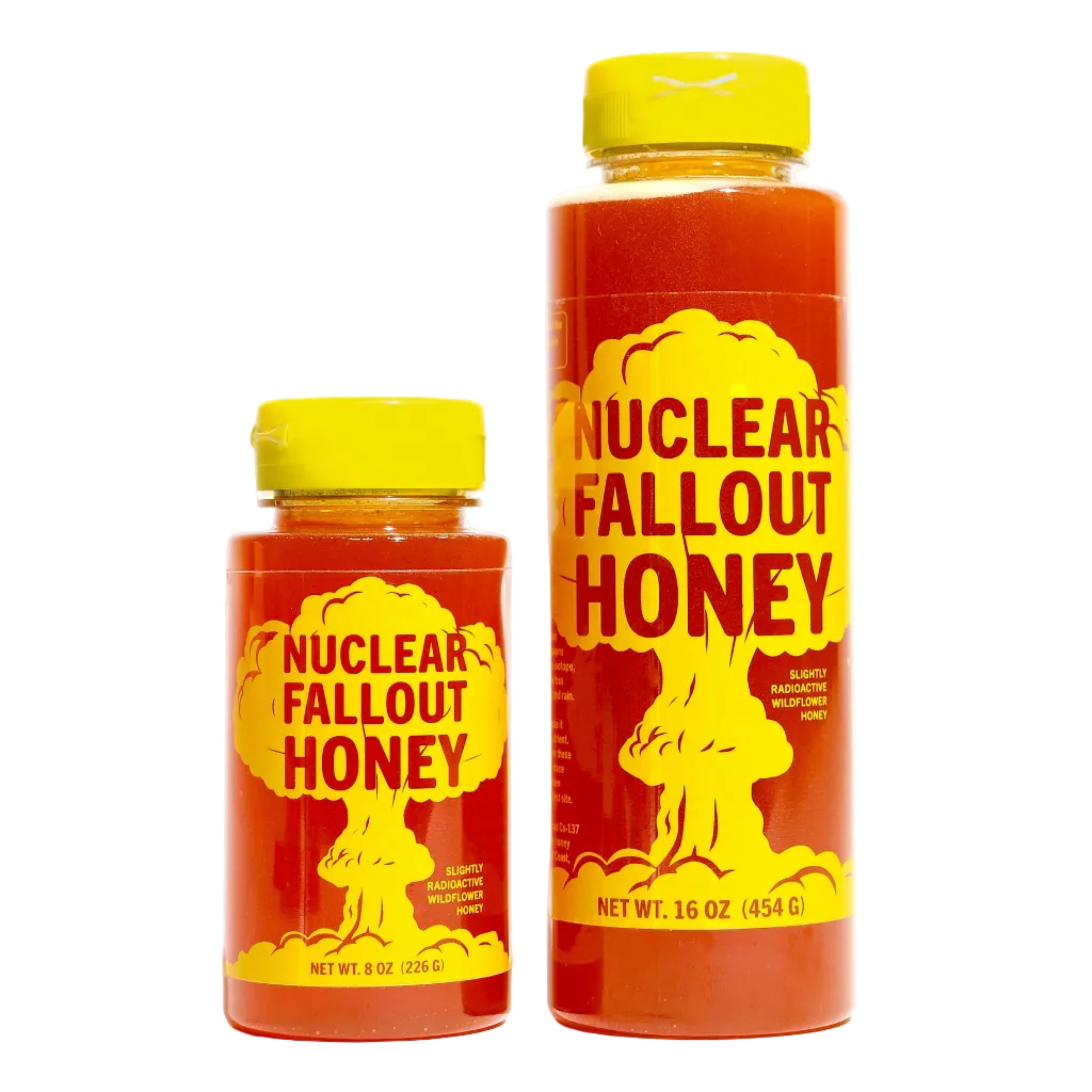 Two bottles of 'Nuclear Fallout Honey' on a white background