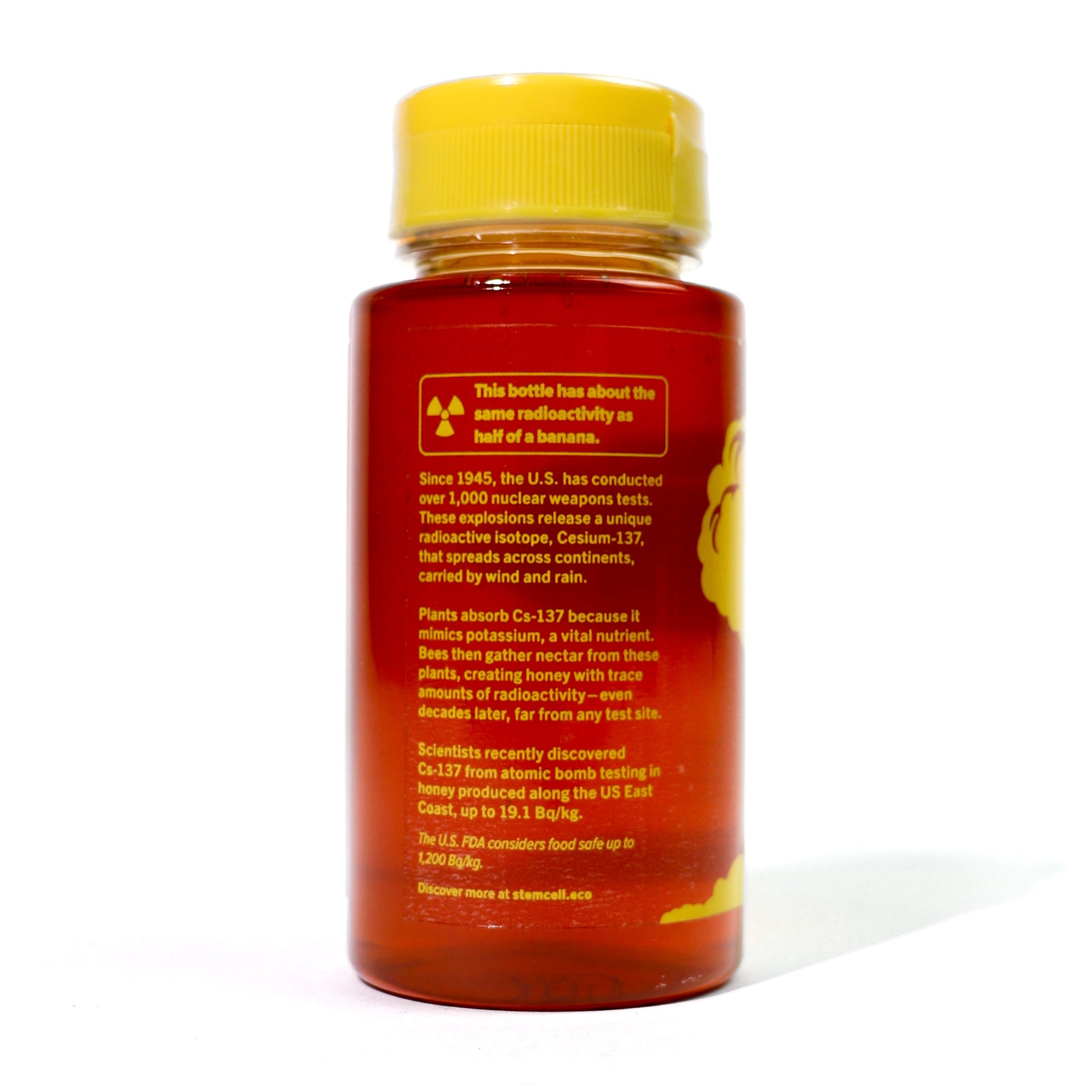 Bottle of Nuclear Fallout Honey with the listed facts about it on the side of the bottle.