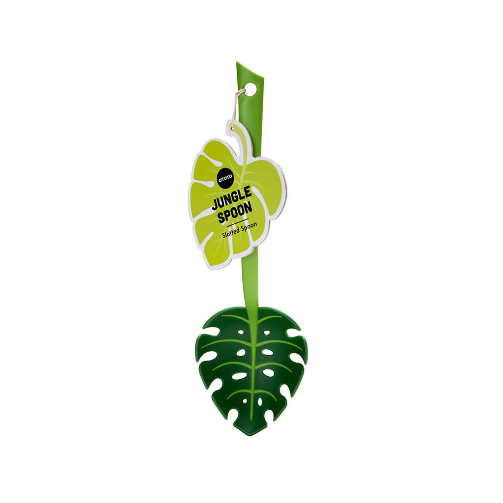 OTOTO Jungle Spoon monstera leaf slotted serving spoon with product packaging, designed for serving vegetables, pasta, and salads.