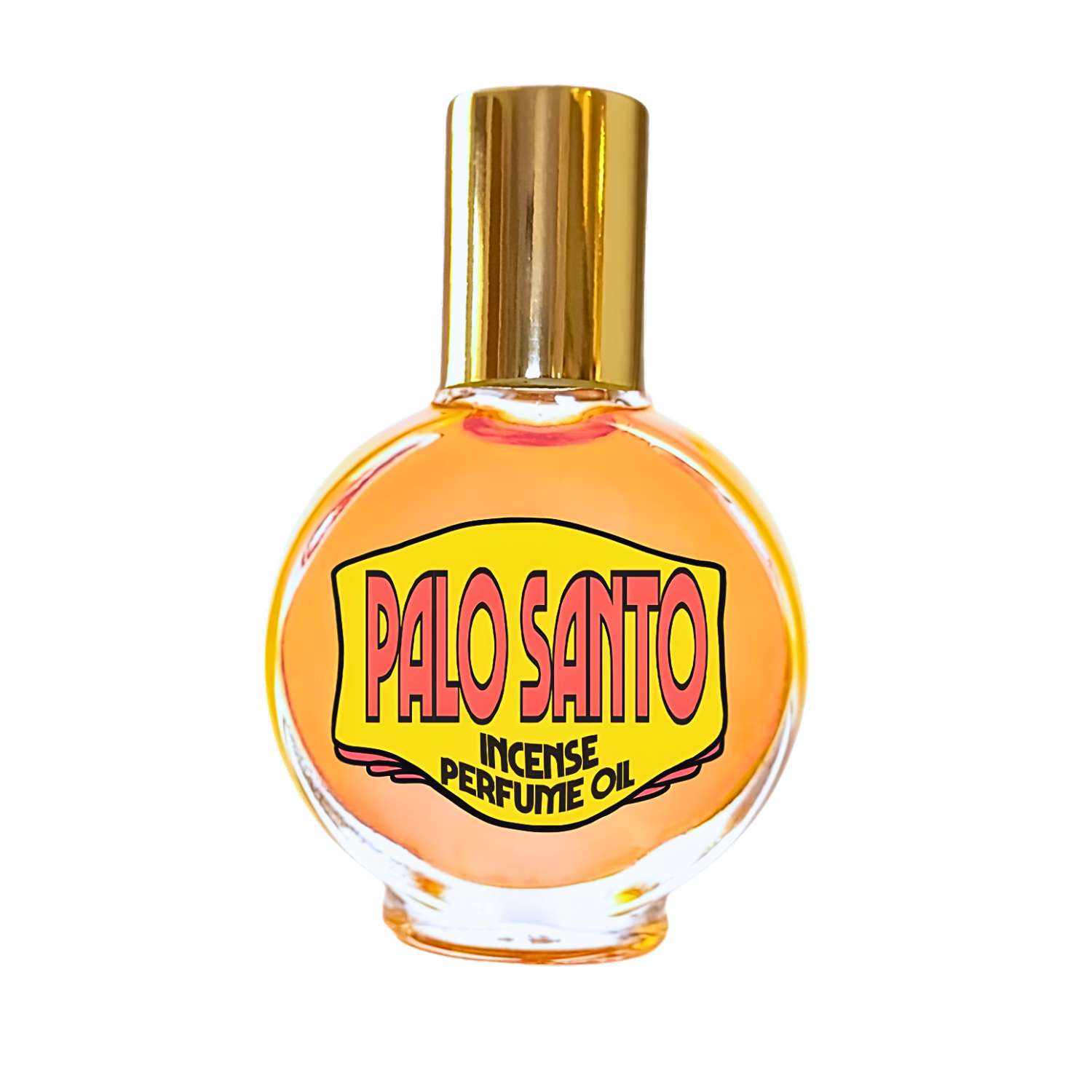 Bottle of Palo Santo perfume oil with a gold cap on a white background
