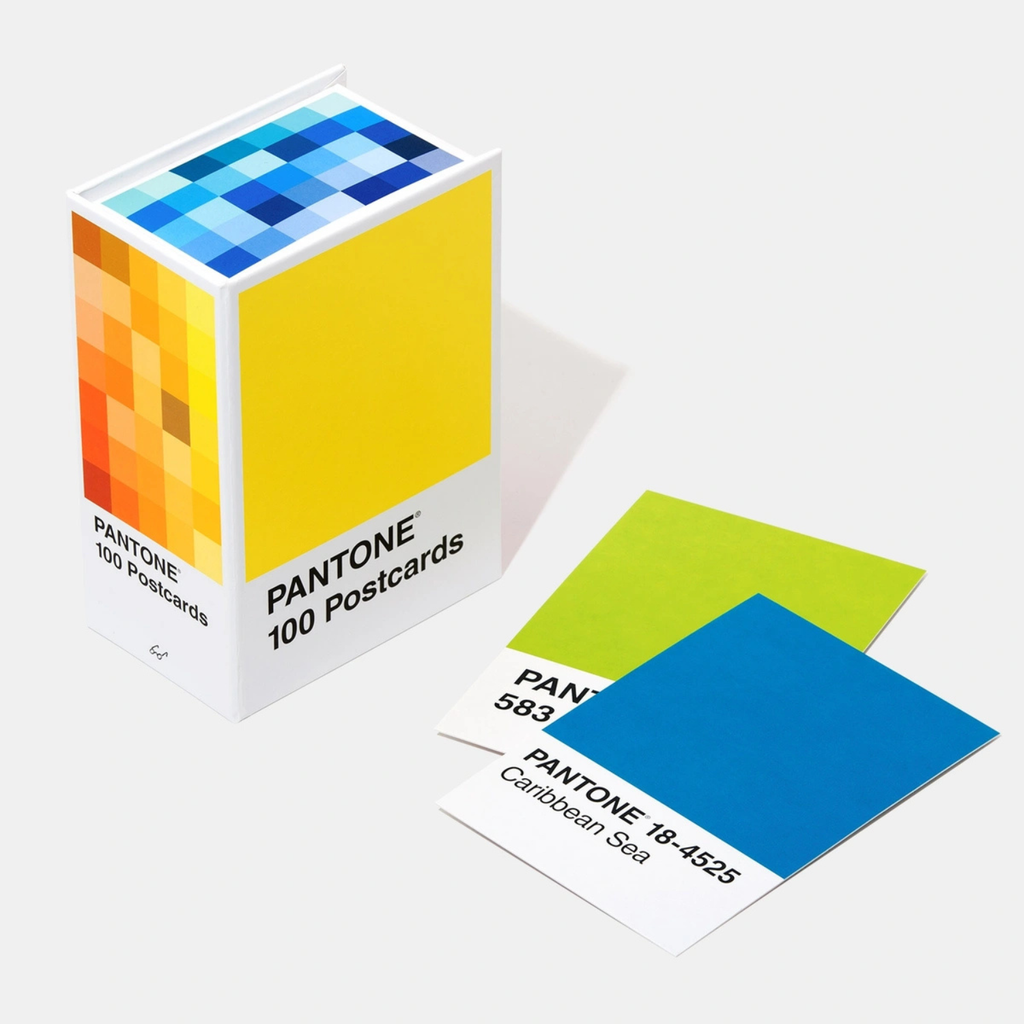 Pantone 100 Postcards set with color swatches on a white background