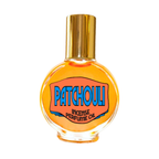Patchouli perfume oil bottle with gold cap on a white background