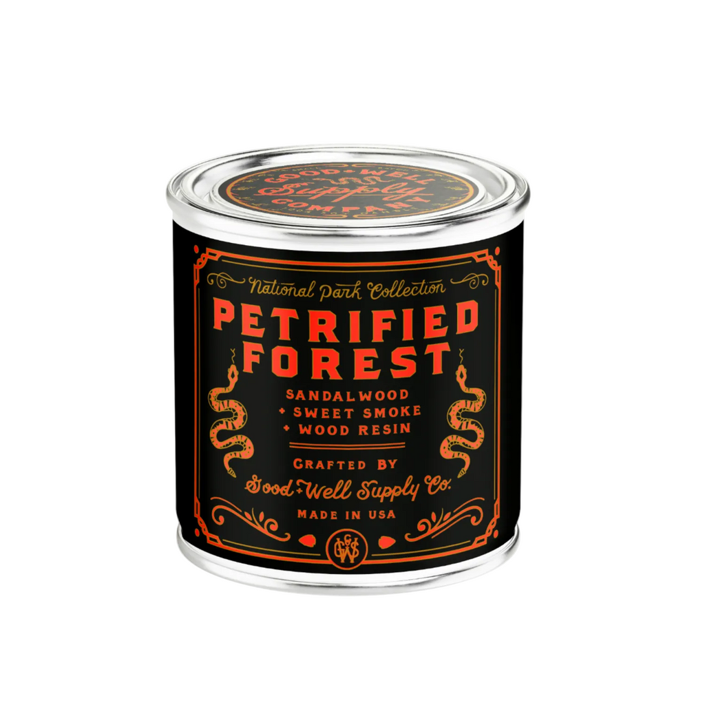 Canister labeled 'Petrified Forest' with decorative design on a white background