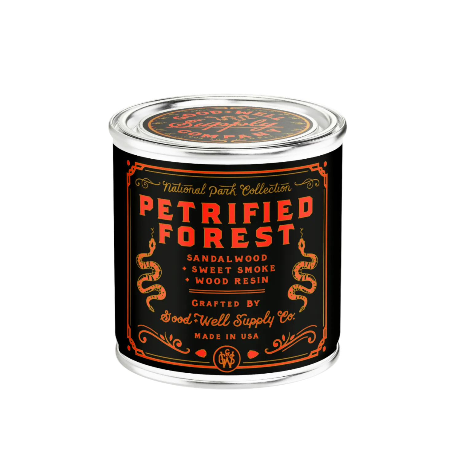 Canister labeled 'Petrified Forest' with decorative design on a white background