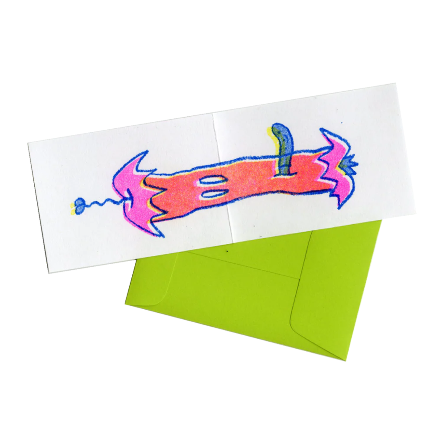 Colorful rotten apple drawing on a white card with a green envelope underneath
