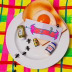 Toast with egg, condiments, and a card on a colorful checkered tablecloth
