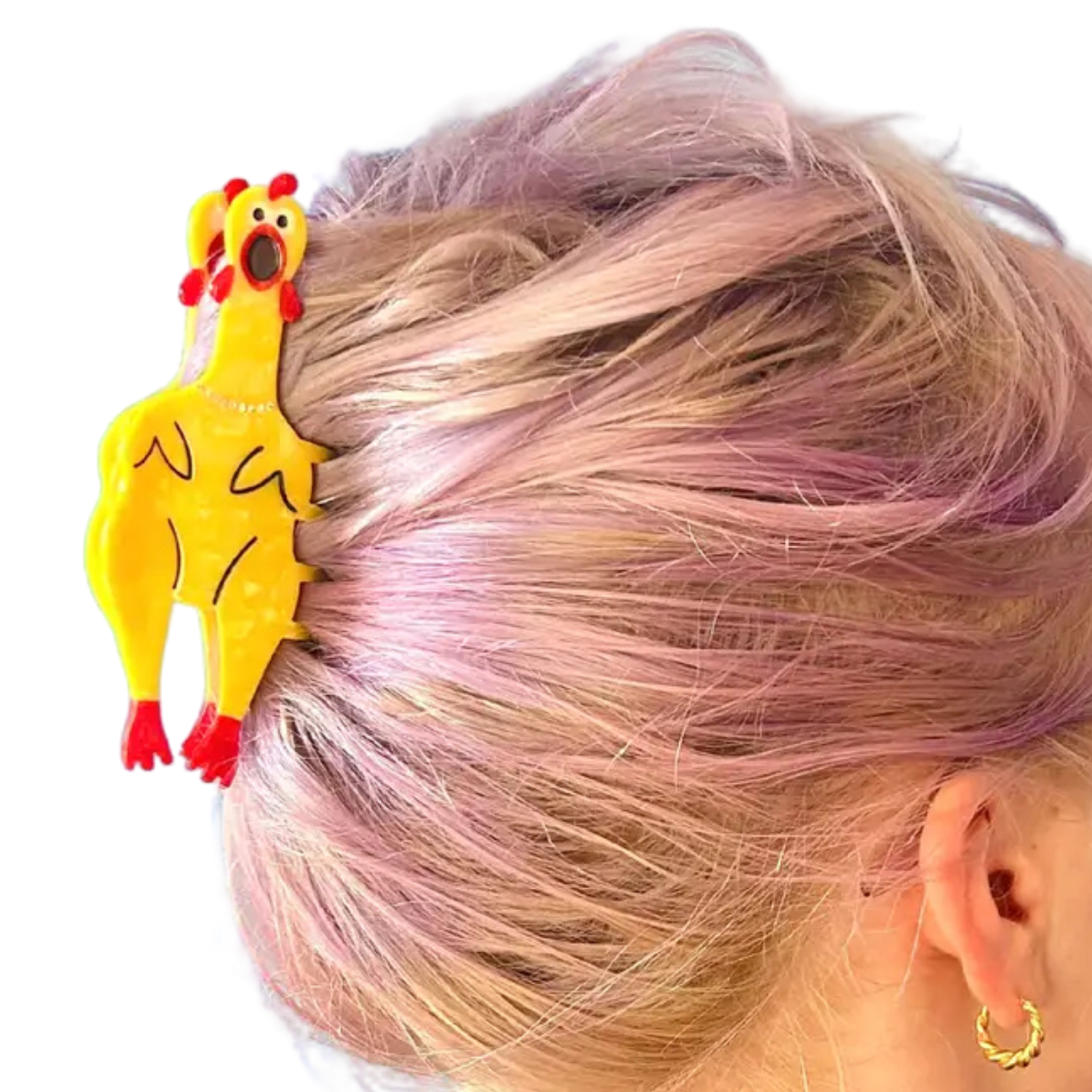 Person with pink hair using a yellow rubber chicken shaped hair claw clip.