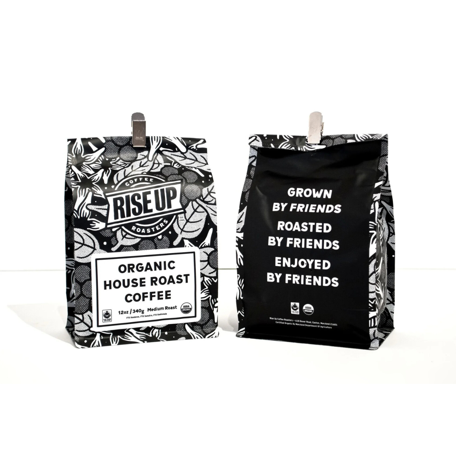 Front and back view of coffee bag from 'Rise Up' on a white background