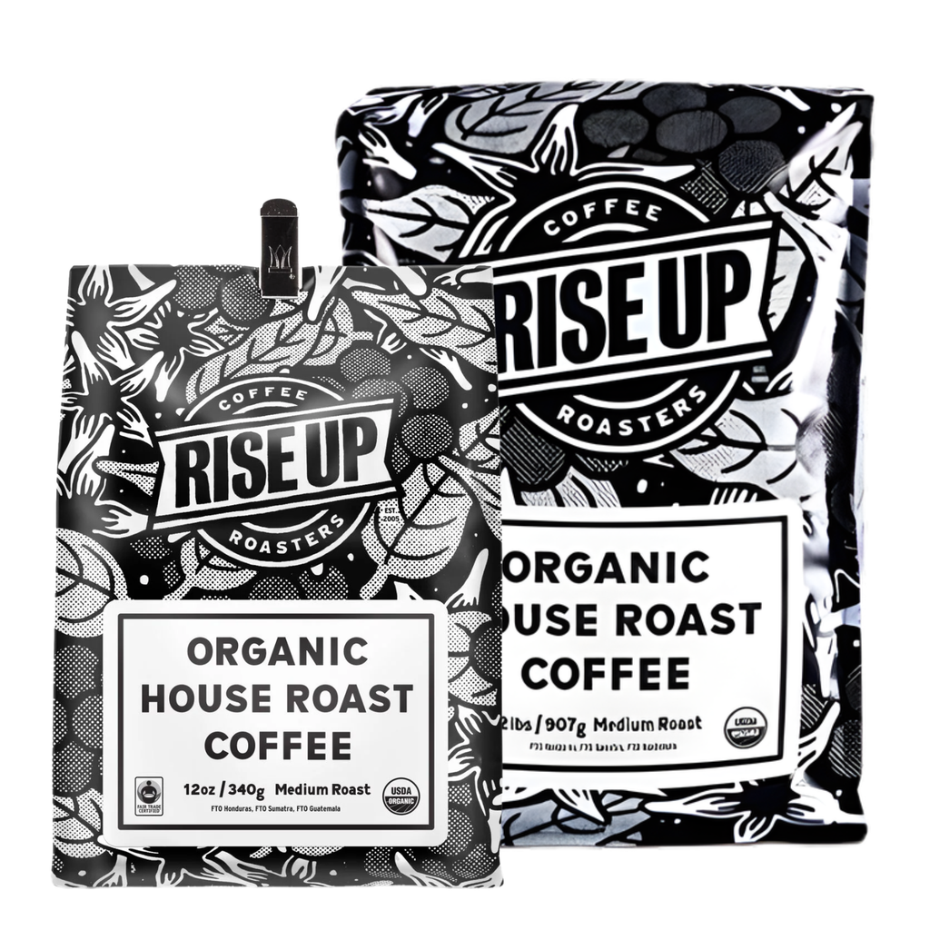 Two packages of Rise Up Coffee Roasters organic house roast coffee on a white background