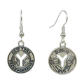 Pair of silver earrings that look like Subway Metro Tokens with New York Transportation logo on a white background