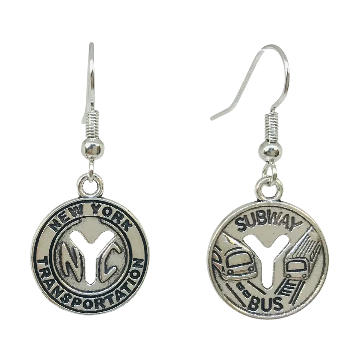 Pair of silver earrings that look like Subway Metro Tokens with New York Transportation logo on a white background