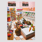 A completed jigsaw puzzle showing a detailed grocery store deli scene with shelves, produce, meat counter, and signage, photographed straight-on against a white background.