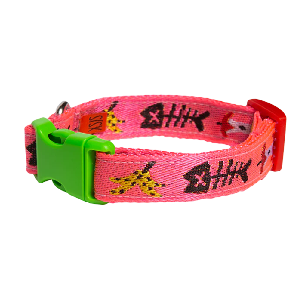 Pink dog collar with black fish bones and other trash design and a green buckle on a white background