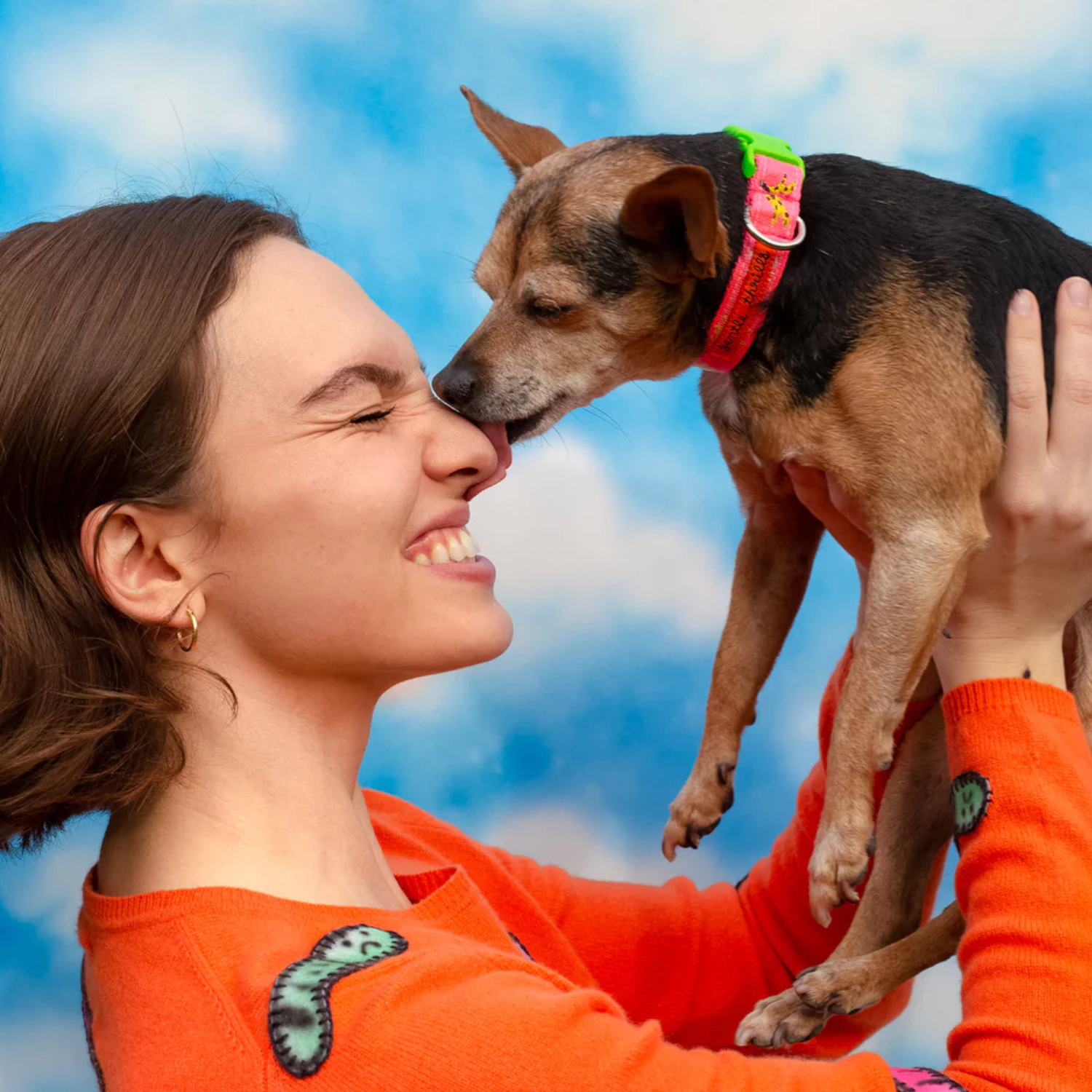 Woman holding a small dog wearing a pink collar against a blue sky background