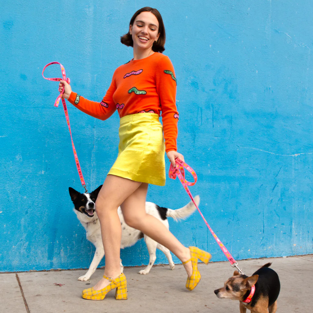 Woman in bright orange sweater and yellow skirt walking two dogs against a blue wall.