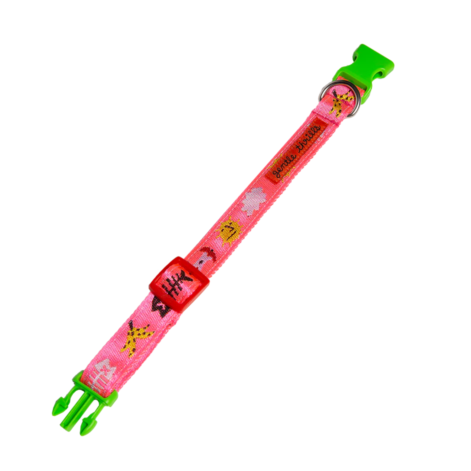 Pink dog collar with green clips on a white background