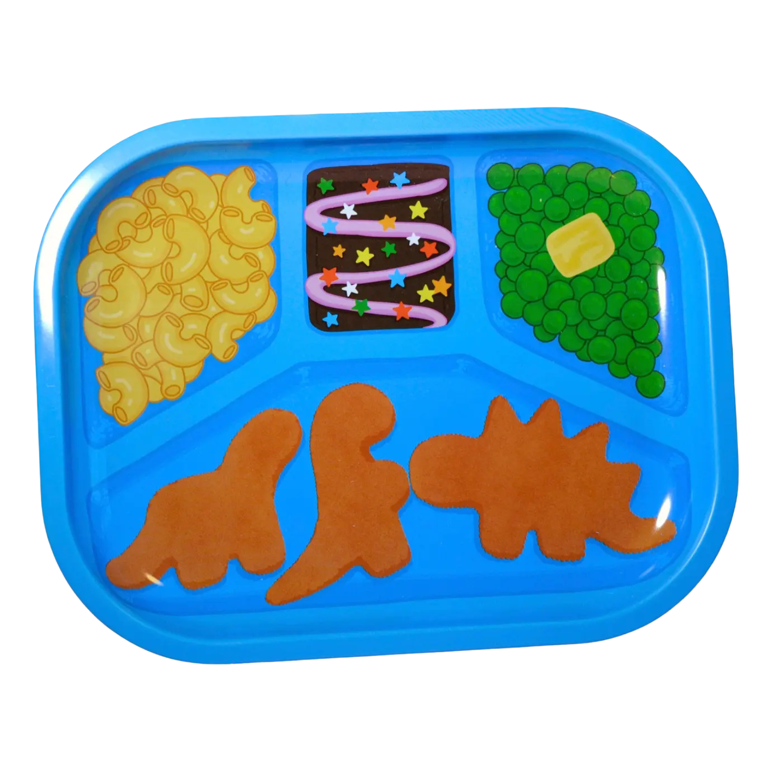 Blue tray with drawn on compartments containing colorful foods in various shapes and colors on a white background.