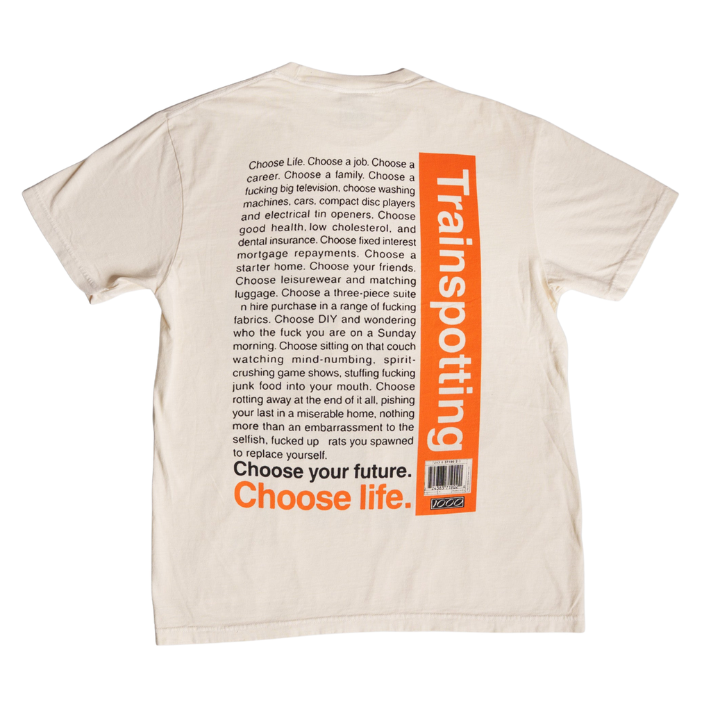 Beige t-shirt with Choose Life monologue text and Trainspotting branding on a white background