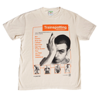 Beige t-shirt with 'Trainspotting' movie album cover design featuring a man with his hand on his face.