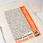 Beige t-shirt with Choose Life speech text and 'Trainspotting' branding on a white background