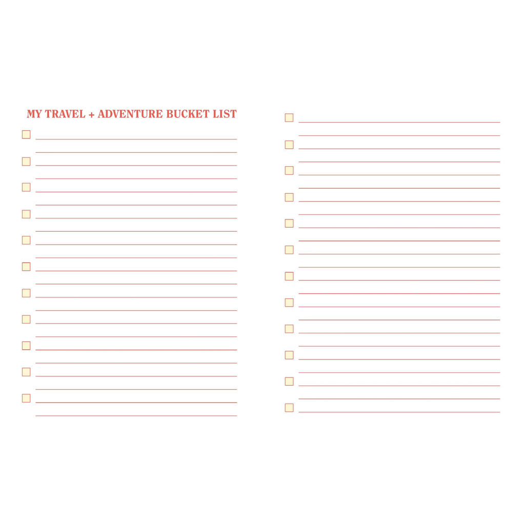 Travel and adventure bucket list template with checkboxes on a white background