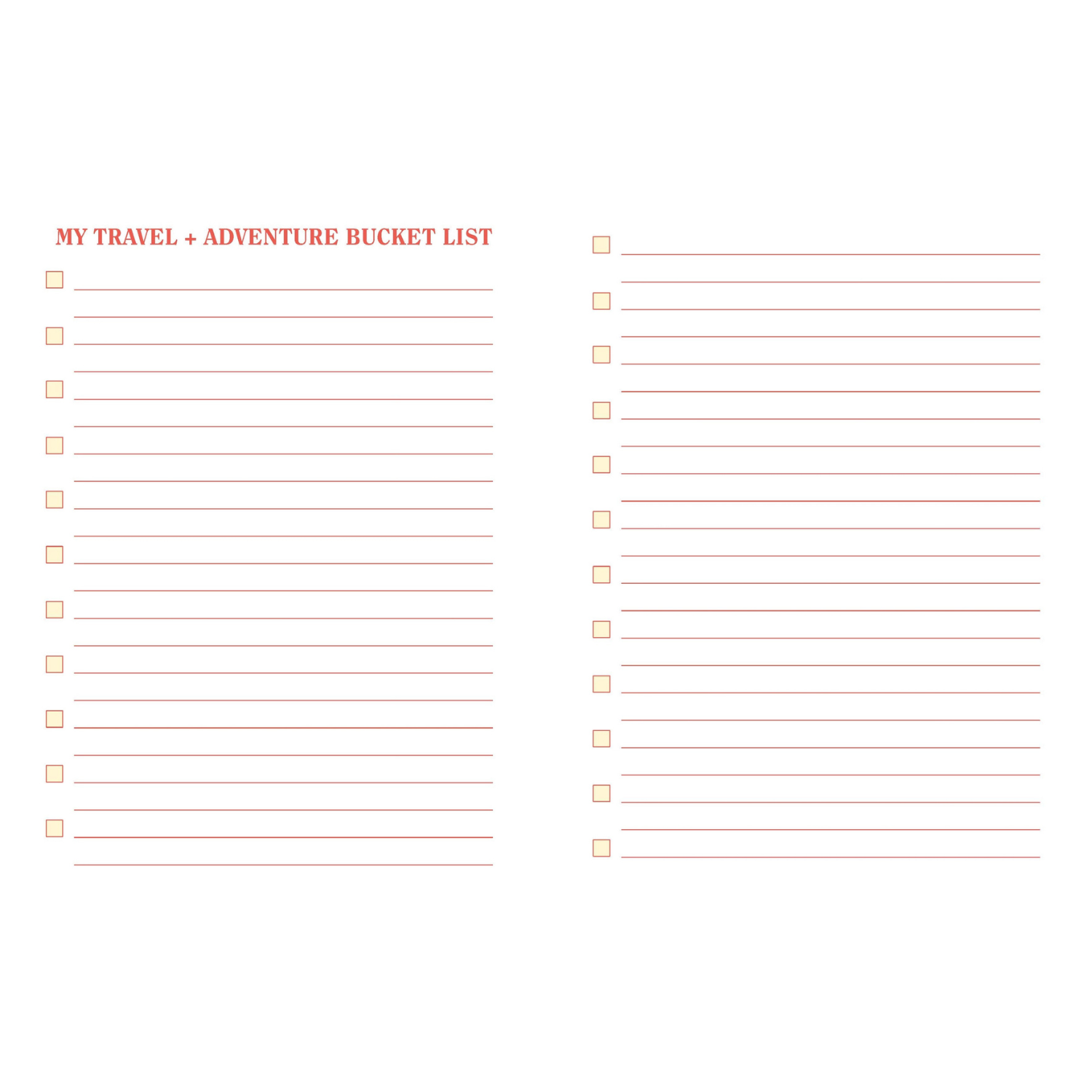 Travel and adventure bucket list template with checkboxes on a white background