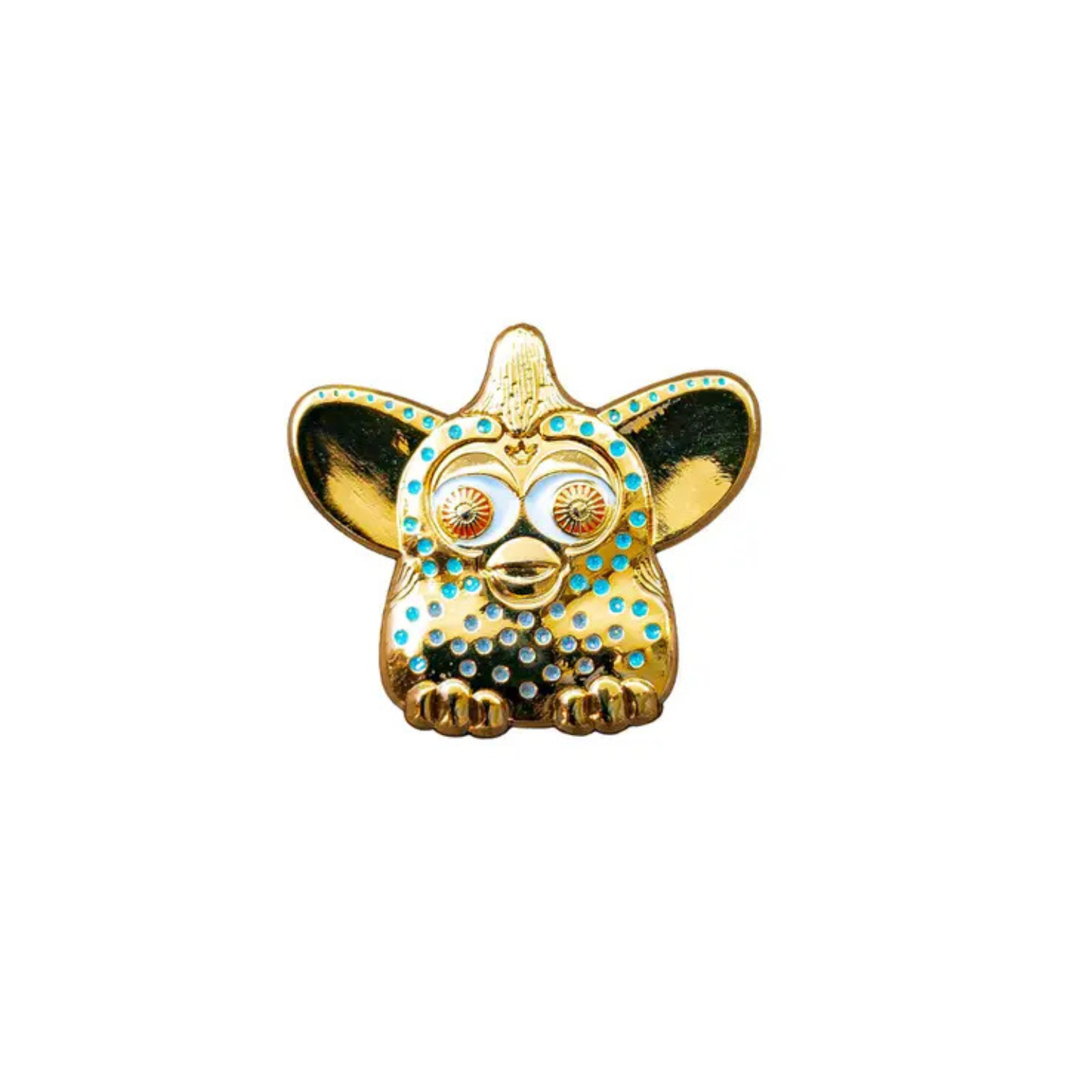 A24 Uncut Gems Gold with blue dots furby enamel pin on a white background