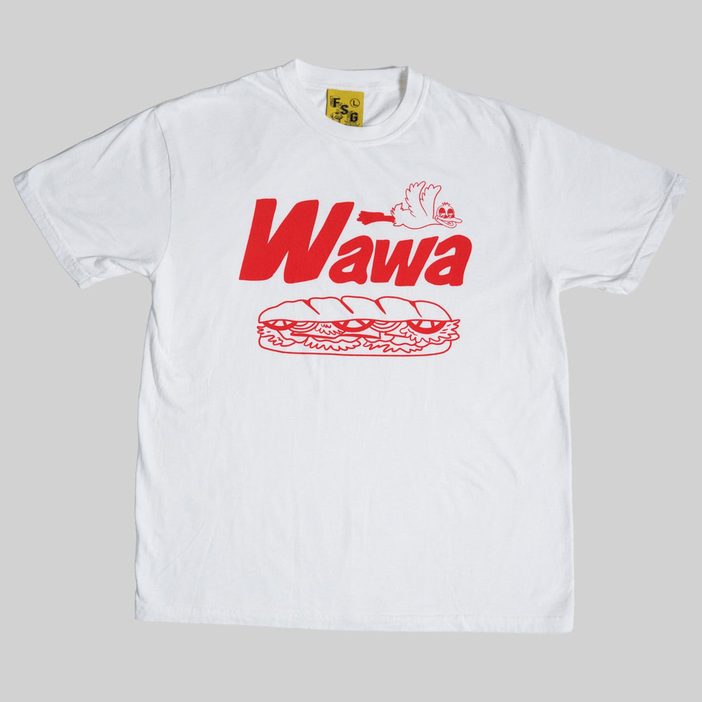 White t-shirt with red 'Wawa' logo on a gray background