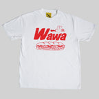 White t-shirt with red 'Wawa' logo on a gray background