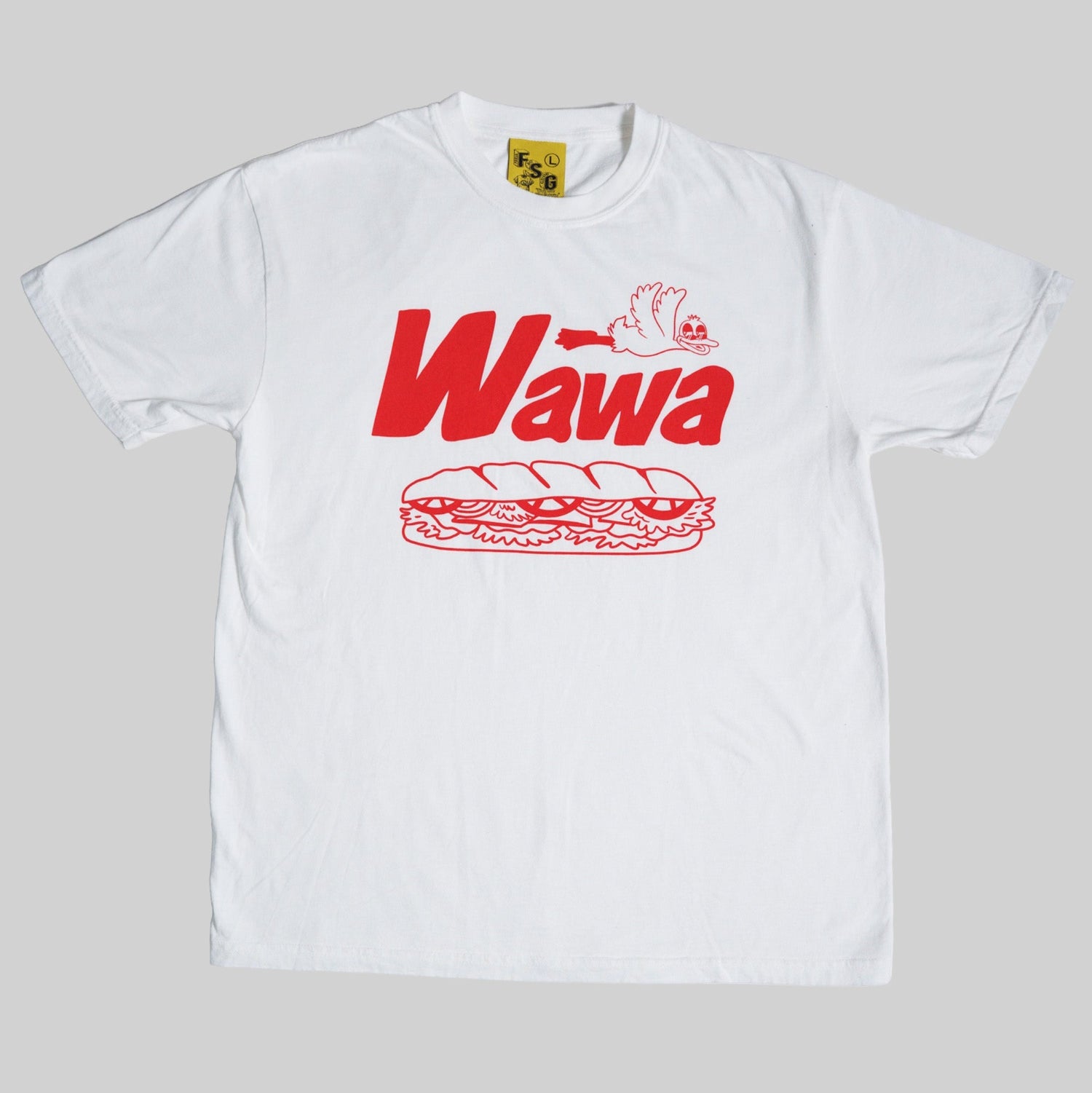 White t-shirt with red 'Wawa' logo on a gray background