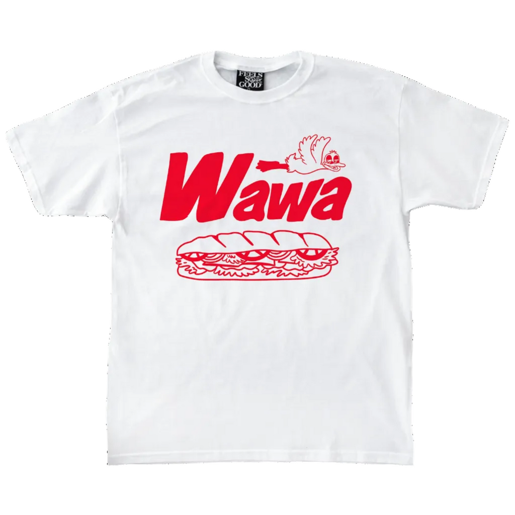 White t-shirt with red 'Wawa' logo featuring a sandwich on a white background
