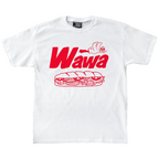 White t-shirt with red 'Wawa' logo featuring a sandwich on a white background