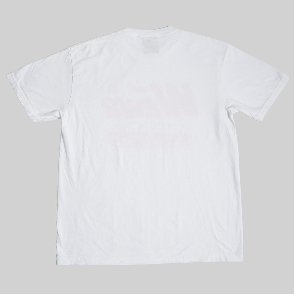 Back of White t-shirt on a light gray background