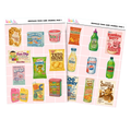 Two pages from a 'Nostalgic Food' sticker packs featuring retro food packaging illustrations.