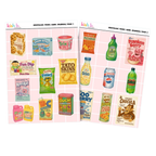 Two pages from a 'Nostalgic Food' sticker packs featuring retro food packaging illustrations.