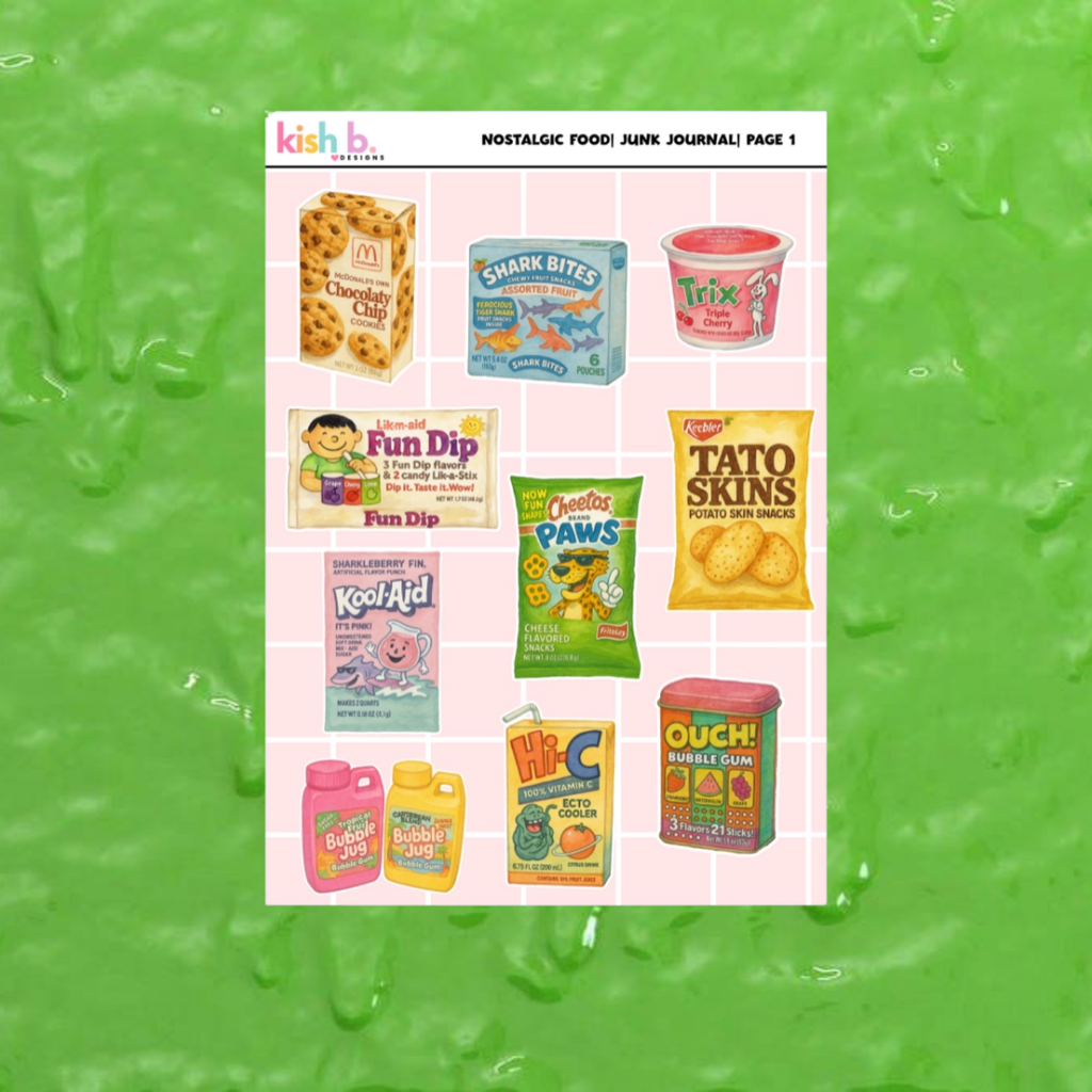 Sticker pack of Illustrated packaging of various nostalgic food items on a green textured background