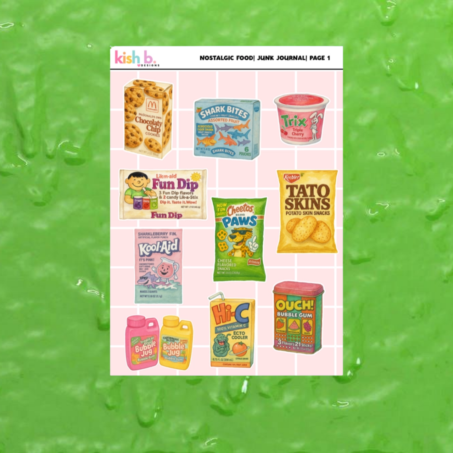 Sticker pack of Illustrated packaging of various nostalgic food items on a green textured background
