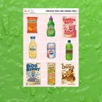 Sticker sheet with retro food and drink products on a green textured background