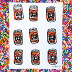 Multiple cans of Duff Beer printed on a white background with colorful sprinkles border.