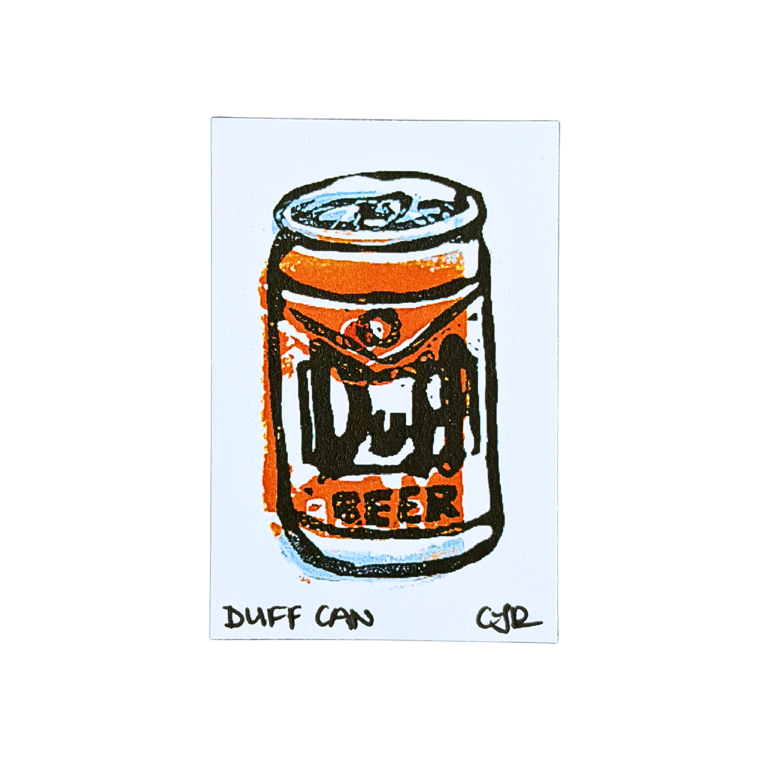 Linoprint of a Duff Beer can with 'Duff Can' text on a white background