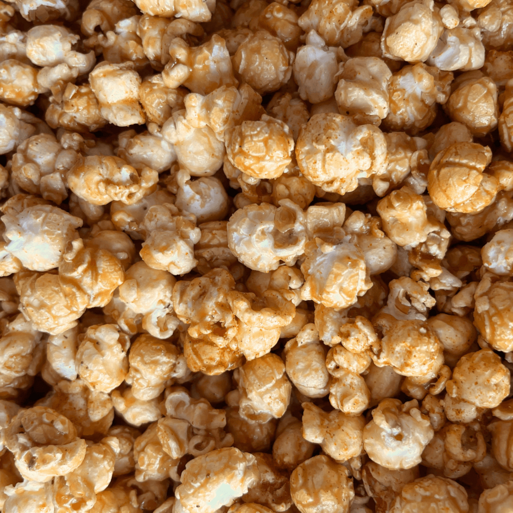 Close-up of a pile of OLD BAY dusted caramel popcorn