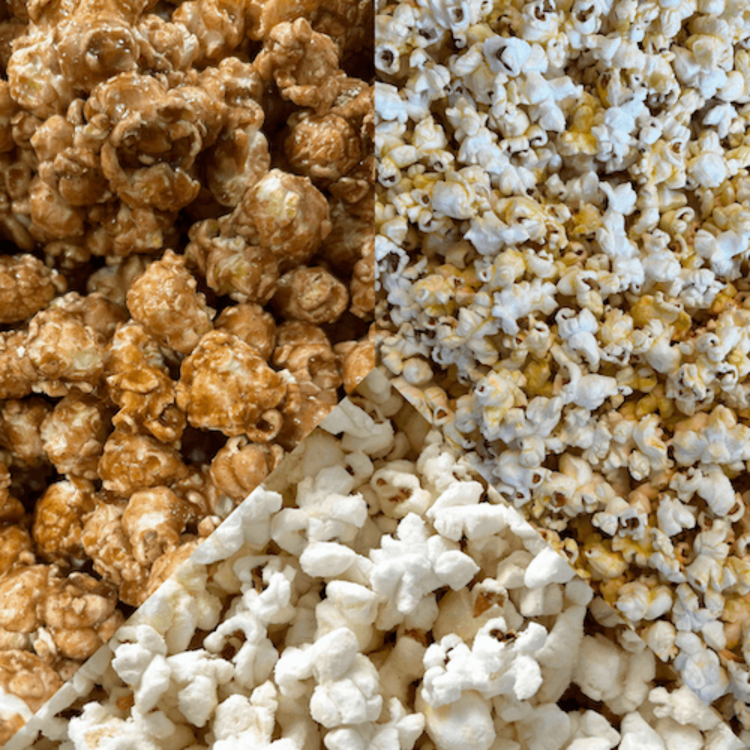 Three types of popcorn, one caramel, one butter, and one white cheddar, arranged in a pattern.