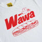 White t-shirt with red 'Wawa' logo featuring a hoagie and bird illustration.