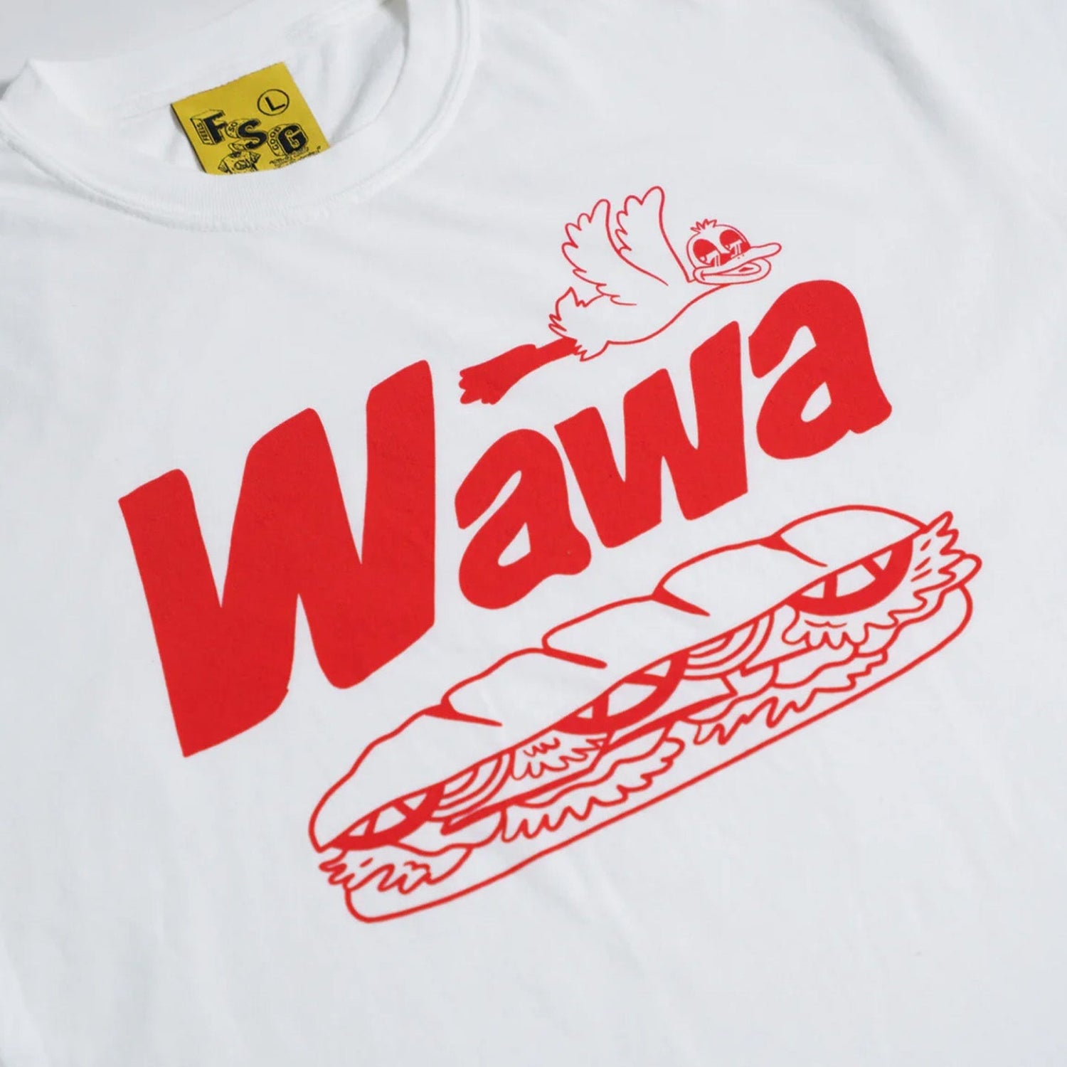 White t-shirt with red 'Wawa' logo featuring a hoagie and bird illustration.